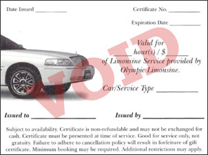 Olympic Limousine limo gift certificate.